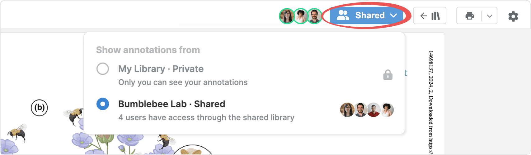 The PDF viewer with member avatars and the circled Shared button open on “Show annotations from”, offering “My Library · Private” and the selected “Bumblebee Lab · Shared — 4 users have access through the shared library”.